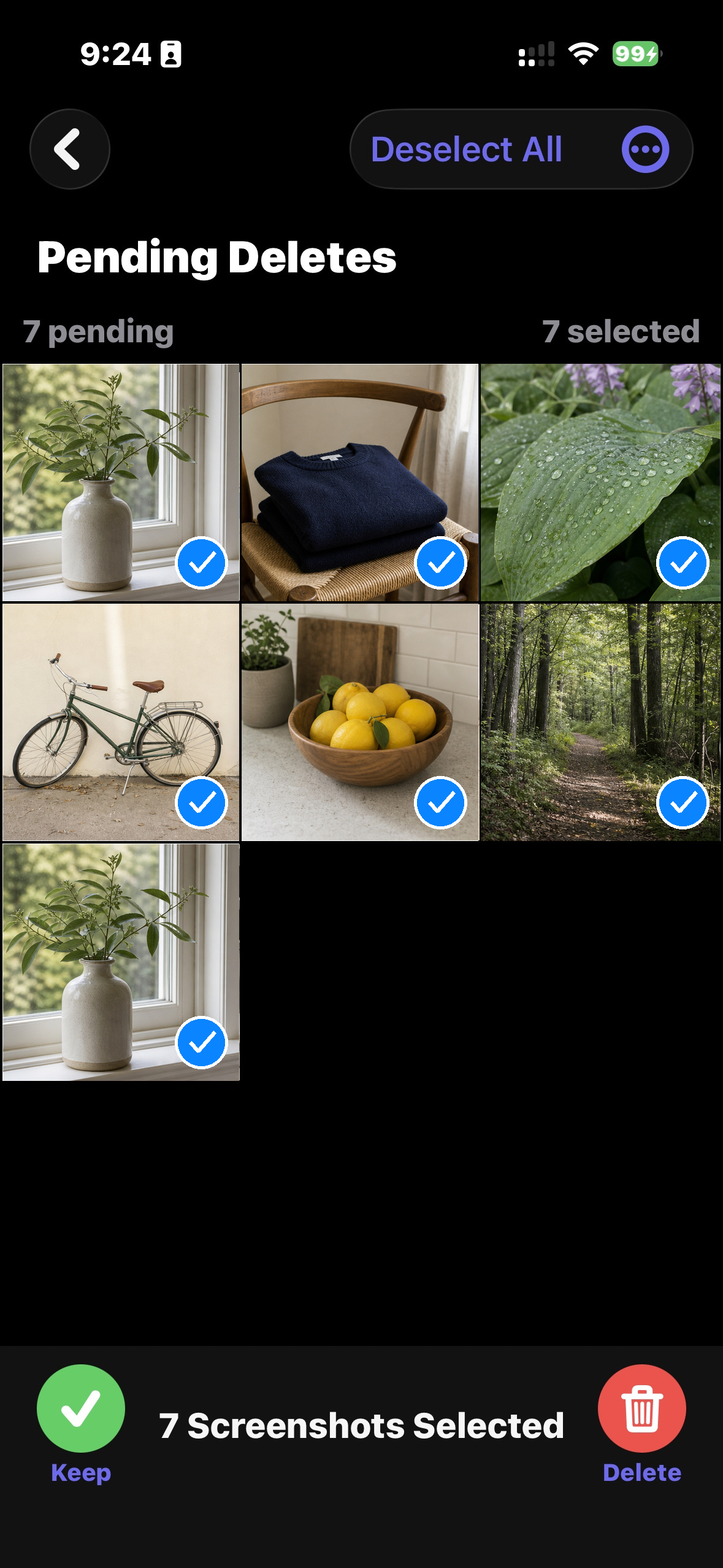 CleanSwype Pending Deletes screen showing seven selected photos and separate Keep and Delete actions